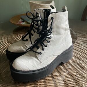 Platform white black lace up combat boots
